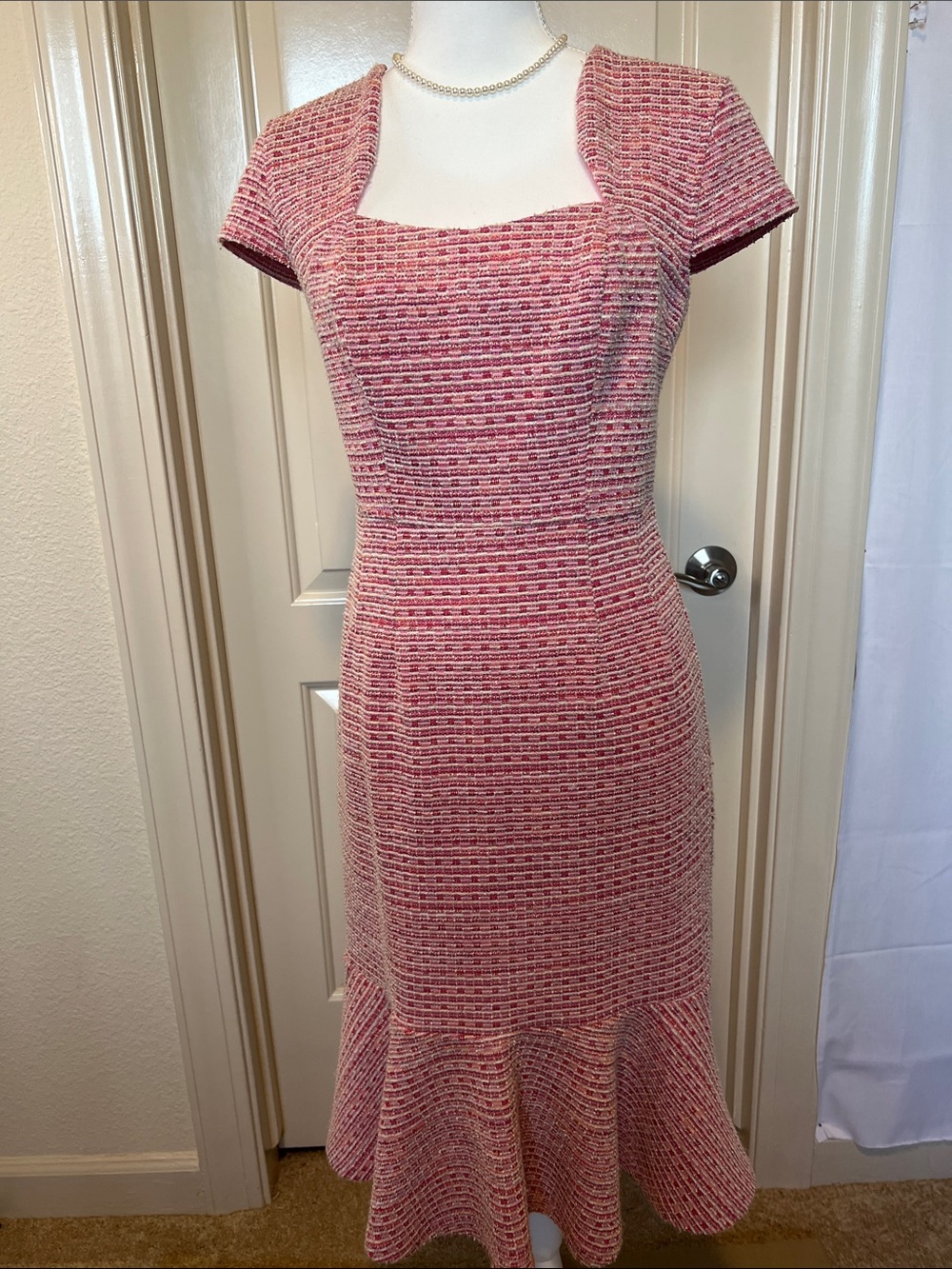 Grace Karin Pink Tweed Midi Dress with Square Neck